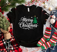 Merry Christmas Script Tree Sweatshirt, Green Tree Gold Star Holiday Tee, Christmas Family Matching Shirt, Xmas Pajama Top, Gift for Mom