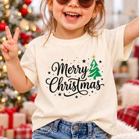 Merry Christmas Script Tree Sweatshirt, Green Tree Gold Star Holiday Tee, Christmas Family Matching Shirt, Xmas Pajama Top, Gift for Mom