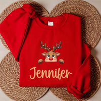 Personalized Reindeer Family Sweatshirt, Custom Peeking Reindeer Shirt, Matching Xmas Name Tee, Christmas Pajama Top, Gift for Family