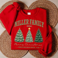 Custom Family Name Christmas Sweatshirt, Personalized Year and Town Holiday Shirt, Watercolor Christmas Trees Design, Merry Gift for Family