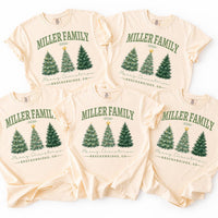 Custom Family Name Christmas Sweatshirt, Personalized Year and Town Holiday Shirt, Watercolor Christmas Trees Design, Merry Gift for Family