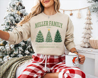 Custom Family Name Christmas Sweatshirt, Personalized Year and Town Holiday Shirt, Watercolor Christmas Trees Design, Merry Gift for Family