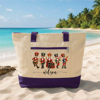 Personalized Nutcracker Christmas Tote Bag with Zipper, Custom Name Script Canvas Tote, Christmas Day Bag, Holiday Party Gift for Her