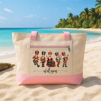 Personalized Nutcracker Christmas Tote Bag with Zipper, Custom Name Script Canvas Tote, Christmas Day Bag, Holiday Party Gift for Her