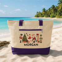 Personalized Nutcracker Tote Bag with Zipper, Custom Name Ballet Canvas Tote, Christmas Scene Design, Christmas Day Bag, Holiday Gift