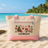 Personalized Nutcracker Tote Bag with Zipper, Custom Name Ballet Canvas Tote, Christmas Scene Design, Christmas Day Bag, Holiday Gift