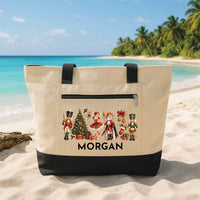 Personalized Nutcracker Tote Bag with Zipper, Custom Name Ballet Canvas Tote, Christmas Scene Design, Christmas Day Bag, Holiday Gift