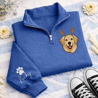 Personalized Pet Portrait Embroidered Quarter Zip Sweatshirt, Custom Pet Name Pullover, Christmas Day Sweater, Christmas Gift for Her