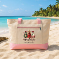 Personalized Merry Christmas Tote Bag with Zipper, Custom Name Plaid Tree Canvas Tote, Plaid Design, Christmas Day Bag, Holiday Gift