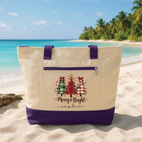 Personalized Merry Christmas Tote Bag with Zipper, Custom Name Plaid Tree Canvas Tote, Plaid Design, Christmas Day Bag, Holiday Gift