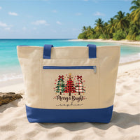 Personalized Merry Christmas Tote Bag with Zipper, Custom Name Plaid Tree Canvas Tote, Plaid Design, Christmas Day Bag, Holiday Gift