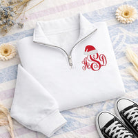 Personalized Monogram Embroidered Quarter Zip Sweatshirt, Custom Santa Hat Top, Classic Initials Top, Festive Winter Wear, Gift for Her