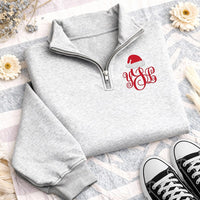 Personalized Monogram Embroidered Quarter Zip Sweatshirt, Custom Santa Hat Top, Classic Initials Top, Festive Winter Wear, Gift for Her