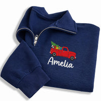 Personalized Vintage Truck Embroidered Quarter Zip Sweatshirt, Custom Name Pullover, Festive Holiday Top, Family Winter Wear, Holiday Gift