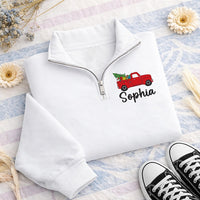 Personalized Vintage Truck Embroidered Quarter Zip Sweatshirt, Custom Name Pullover, Festive Holiday Top, Family Winter Wear, Holiday Gift