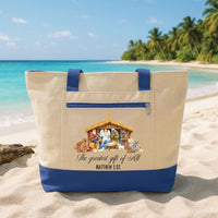 Personalized Greatest Gift Tote Bag with Zipper, Custom Nativity Canvas Tote, Matthew Verse Design, Religious Holiday Bag, Christmas Gift
