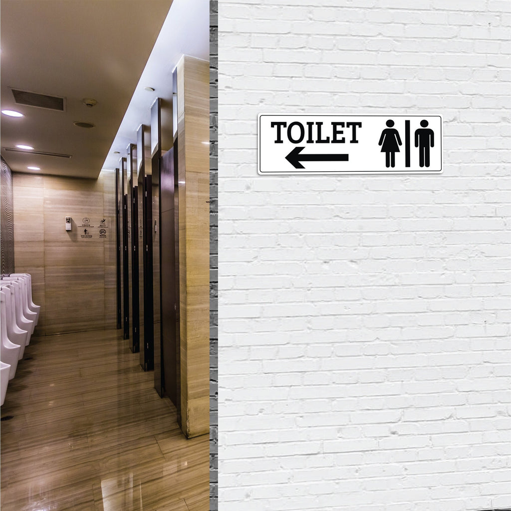Toilet Sign With Arrow for Door or Wall 9" x 3", Easy to Mount Plastic Sign, Self Adhesive Bathroom Sign for All Gender PVC Sign