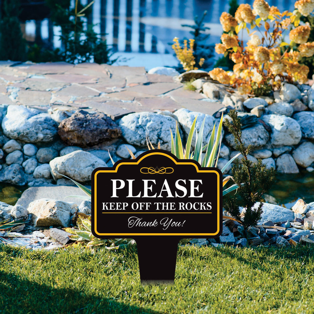 Please Keep Off The Rocks Yard Sign 10” x 14” - Rust-free Aluminum Off Rocks Sign for Lawn, Stay Off Rocks Yard Sign with Integrated Stake