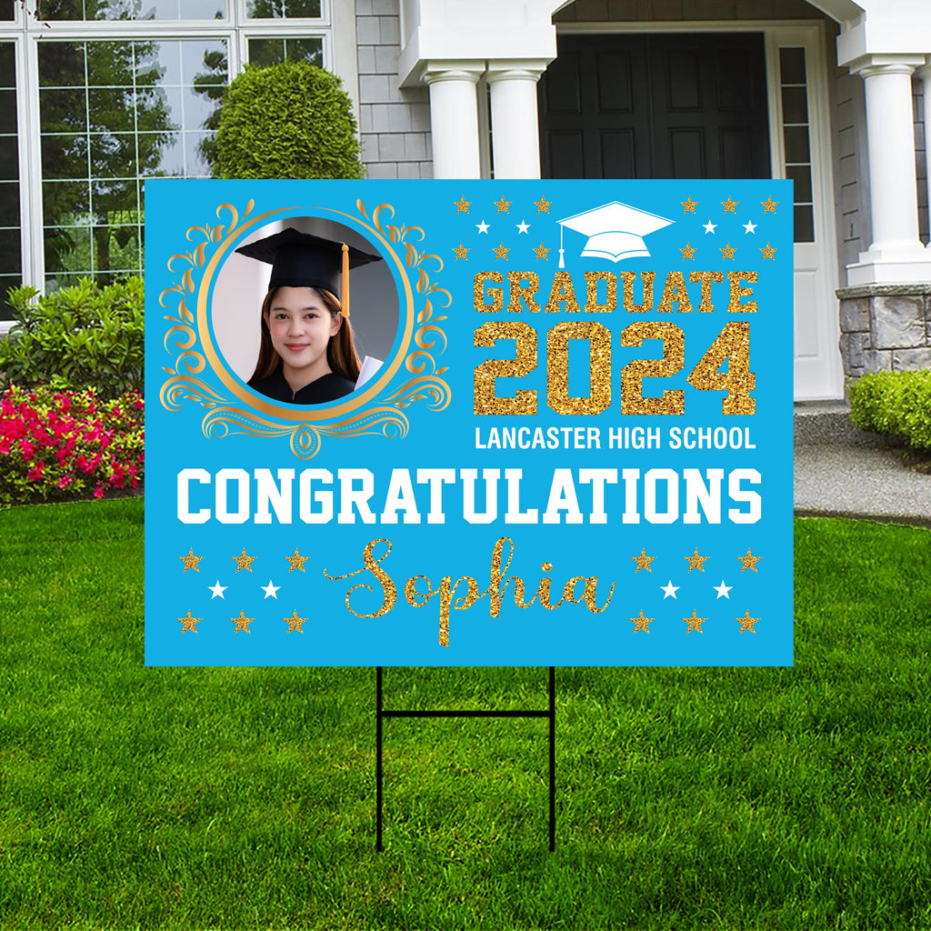 Personalized Graduation Yard Sign 2024 with Photo High School College Grad Sign Class of 2024 Custom Graduation Yard Sign with Metal H-Stake