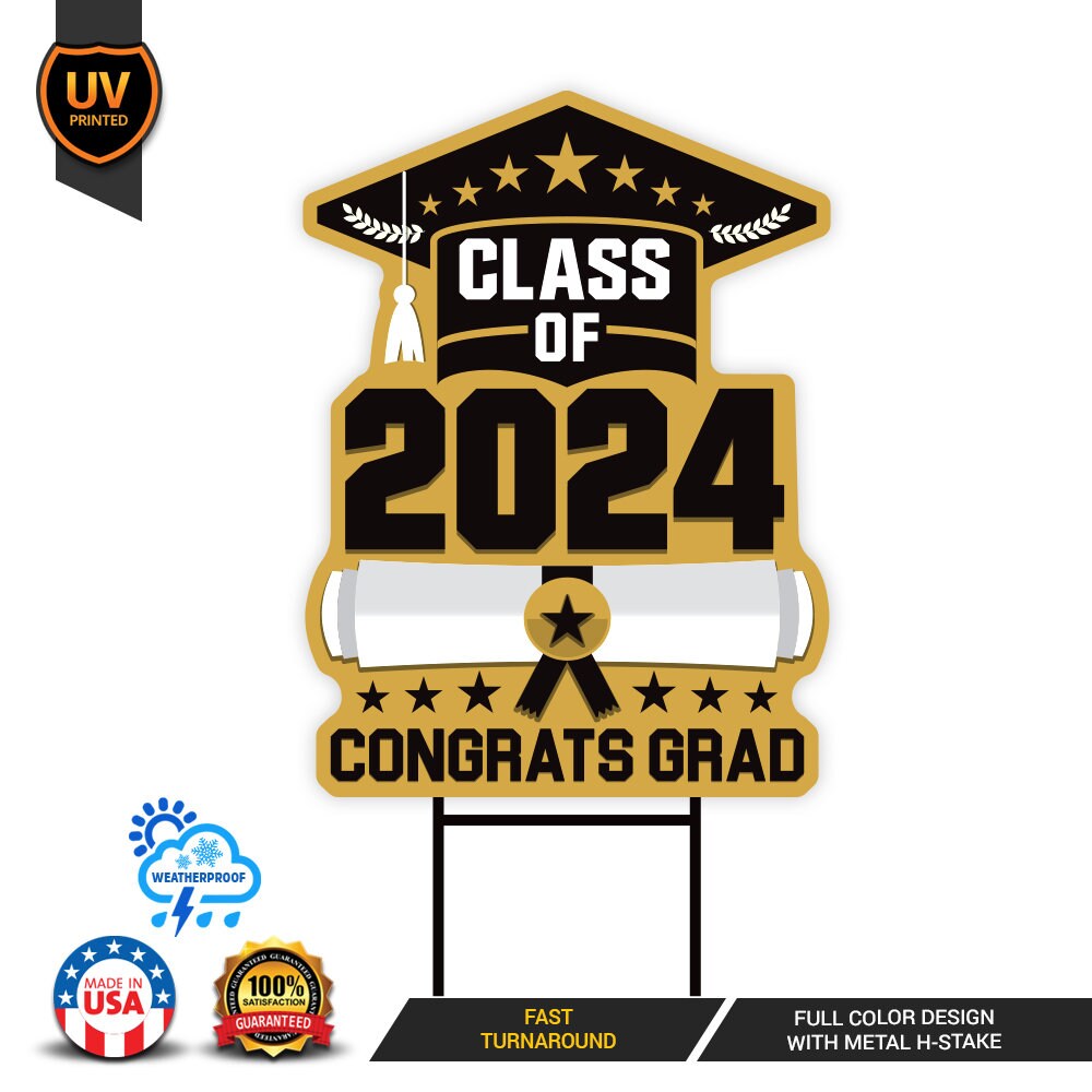 Graduation Yard Sign 2024 - Coroplast Grad Sign, Class of 2024 Sign, Graduation 2024 Yard Sign with Metal H-Stake