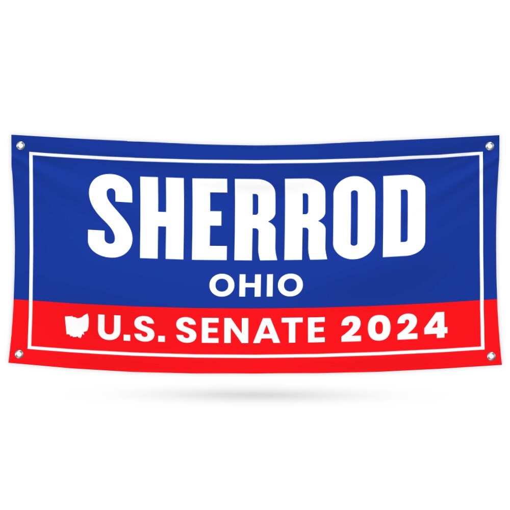 a red, white and blue sign that says sherrod ohio