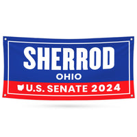 a red, white and blue sign that says sherrod ohio