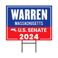 a blue and red sign with the words warren massachusetts sits in front of a