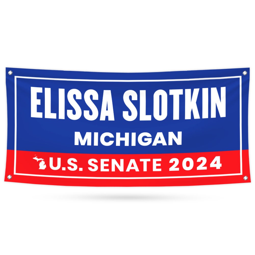 a red, white and blue banner with the name of the state of michigan