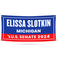 a red, white and blue banner with the name of the state of michigan