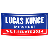 a blue and red banner that says lucas kunce missouri