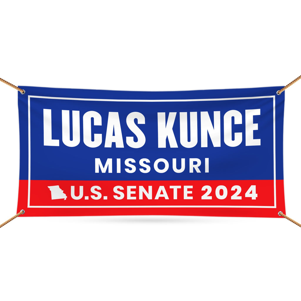 a banner with the name lucas kunce in red, white, and blue