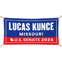 a banner with the name lucas kunce in red, white, and blue