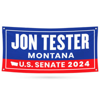 a blue and red banner that says jon tester montana