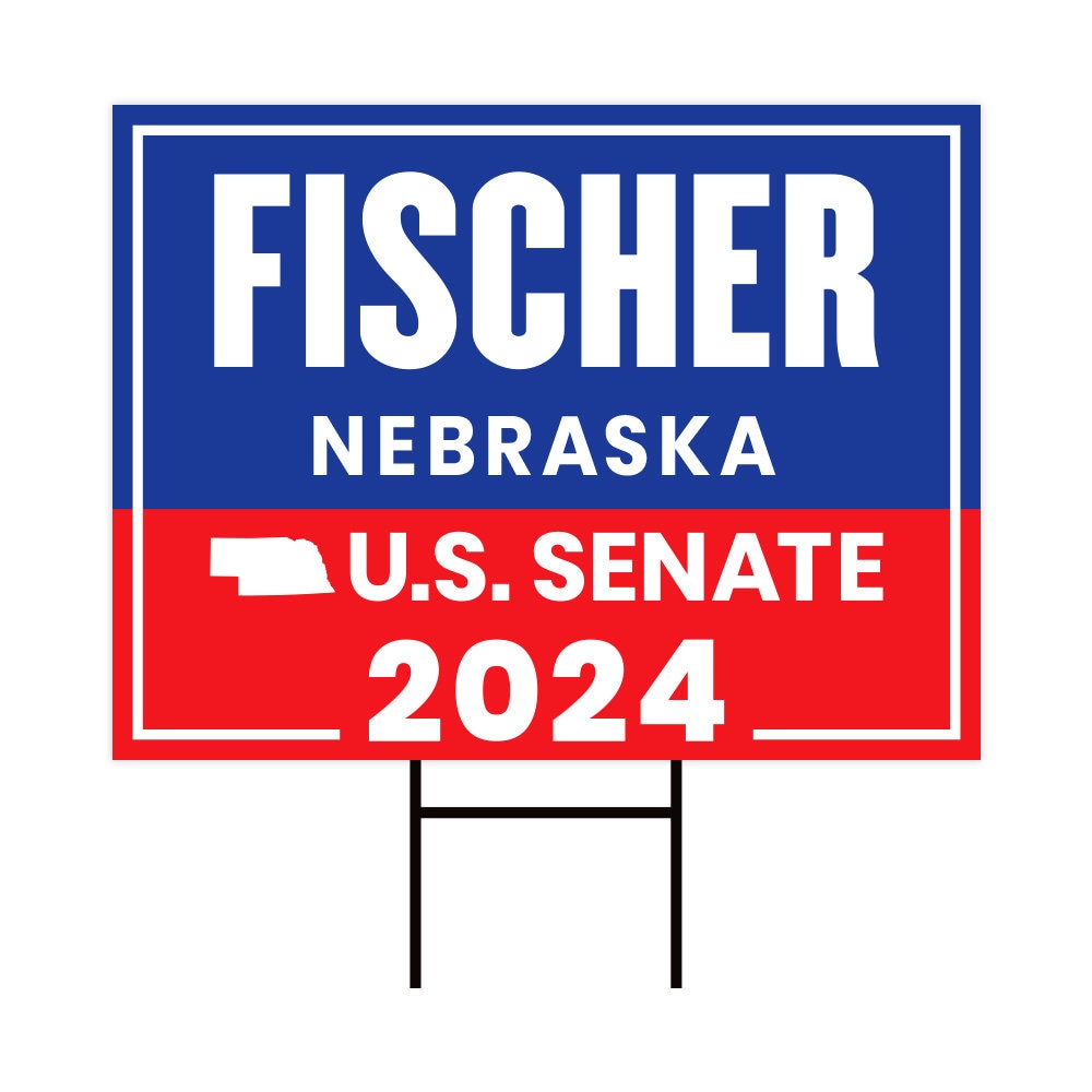 a red, white and blue political sign