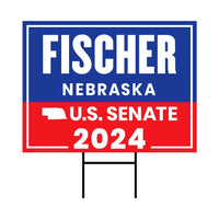 a red, white and blue political sign
