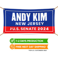 a banner with the name andy kim new jersey on it