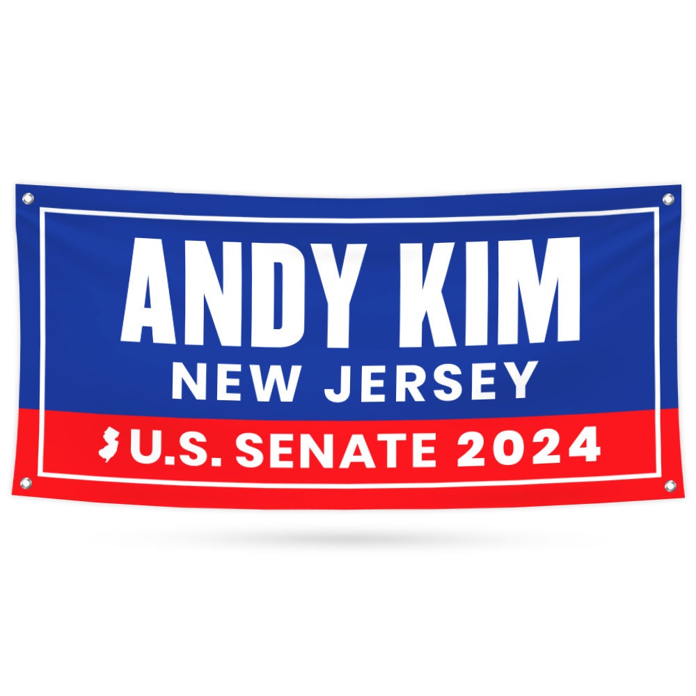 a blue and red banner that says andy kim new jersey