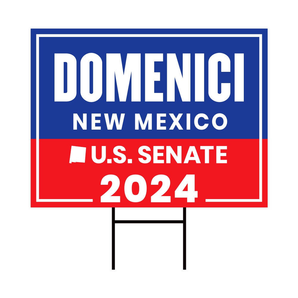 a red, white and blue political sign with the words domenici new mexico