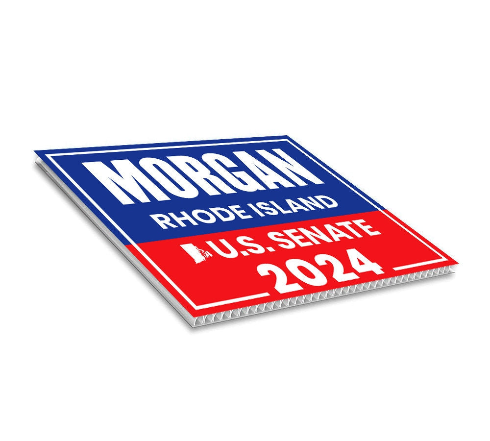 a red, white and blue sign that says morgan rhode island