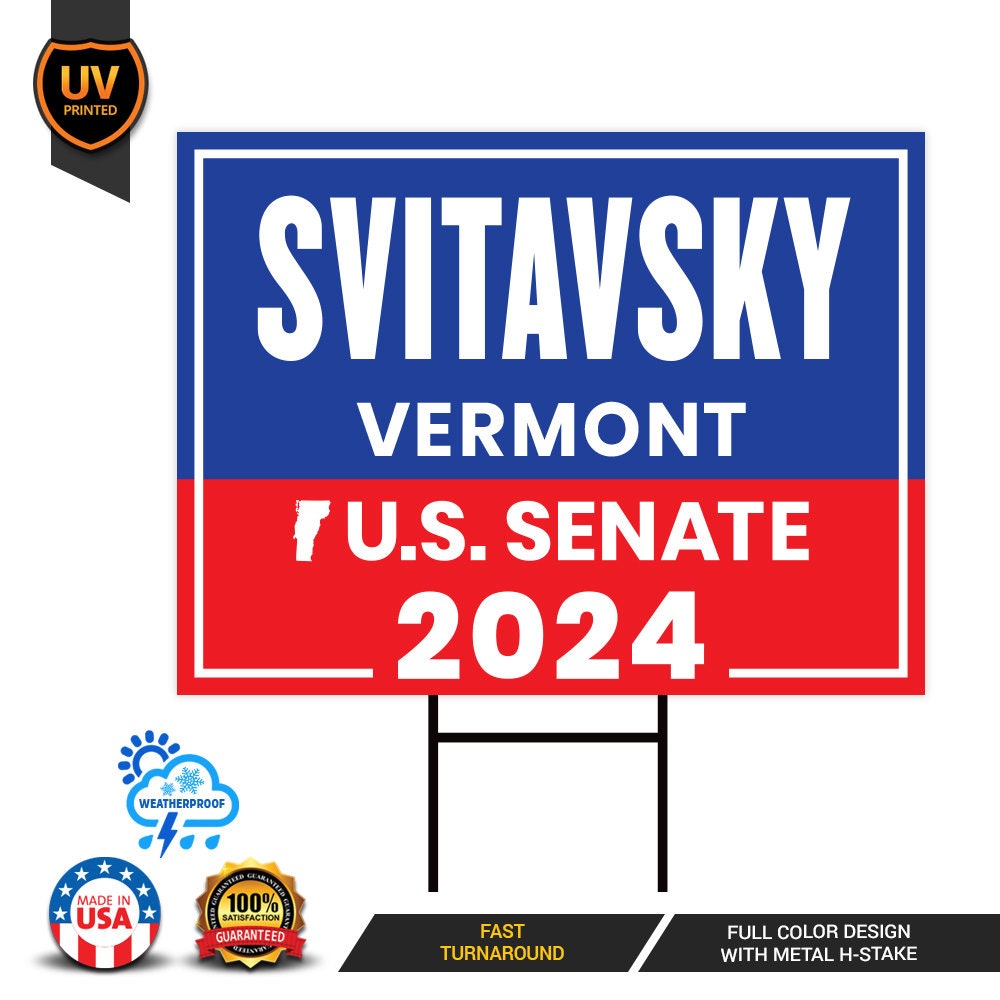 a blue and red sign that says svitavsky vermont and u s senate