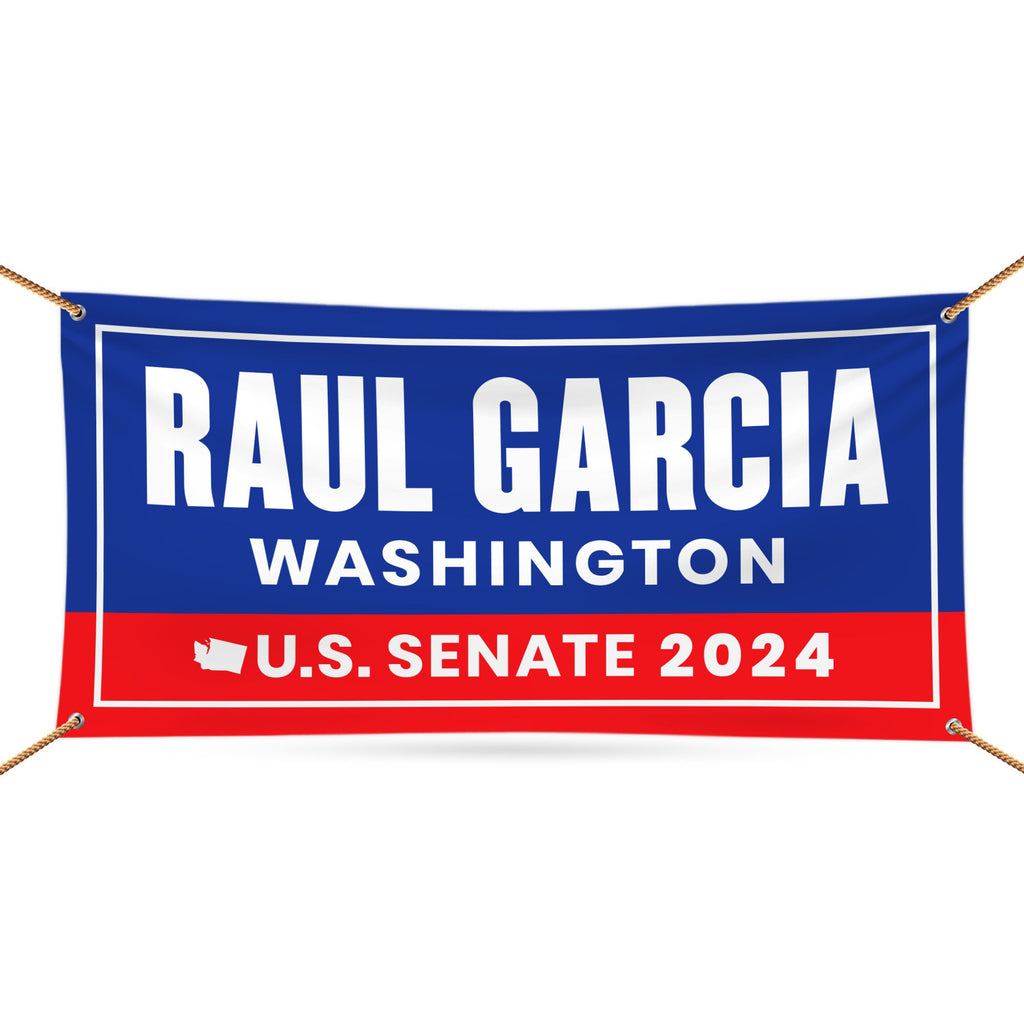 a blue and red banner with the words paul garcia washington on it