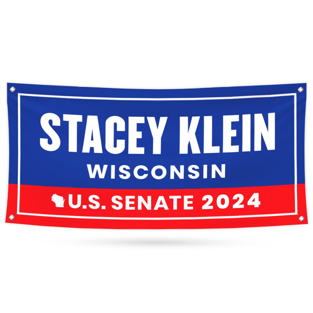 a blue and red banner with the name of the state of wisconsin