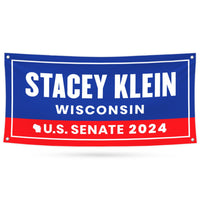 a blue and red banner with the name of the state of wisconsin