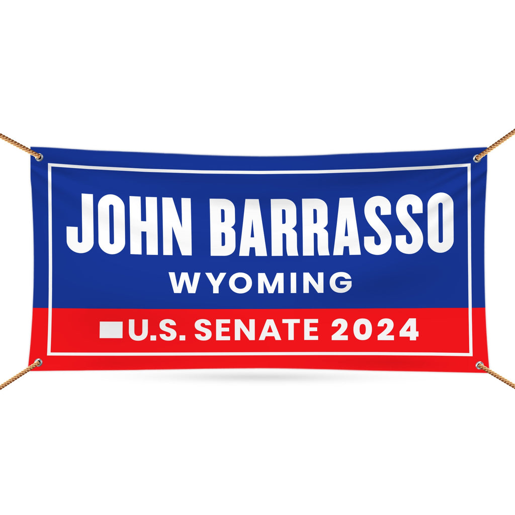 a blue and red banner with the words john barrasso wyoming