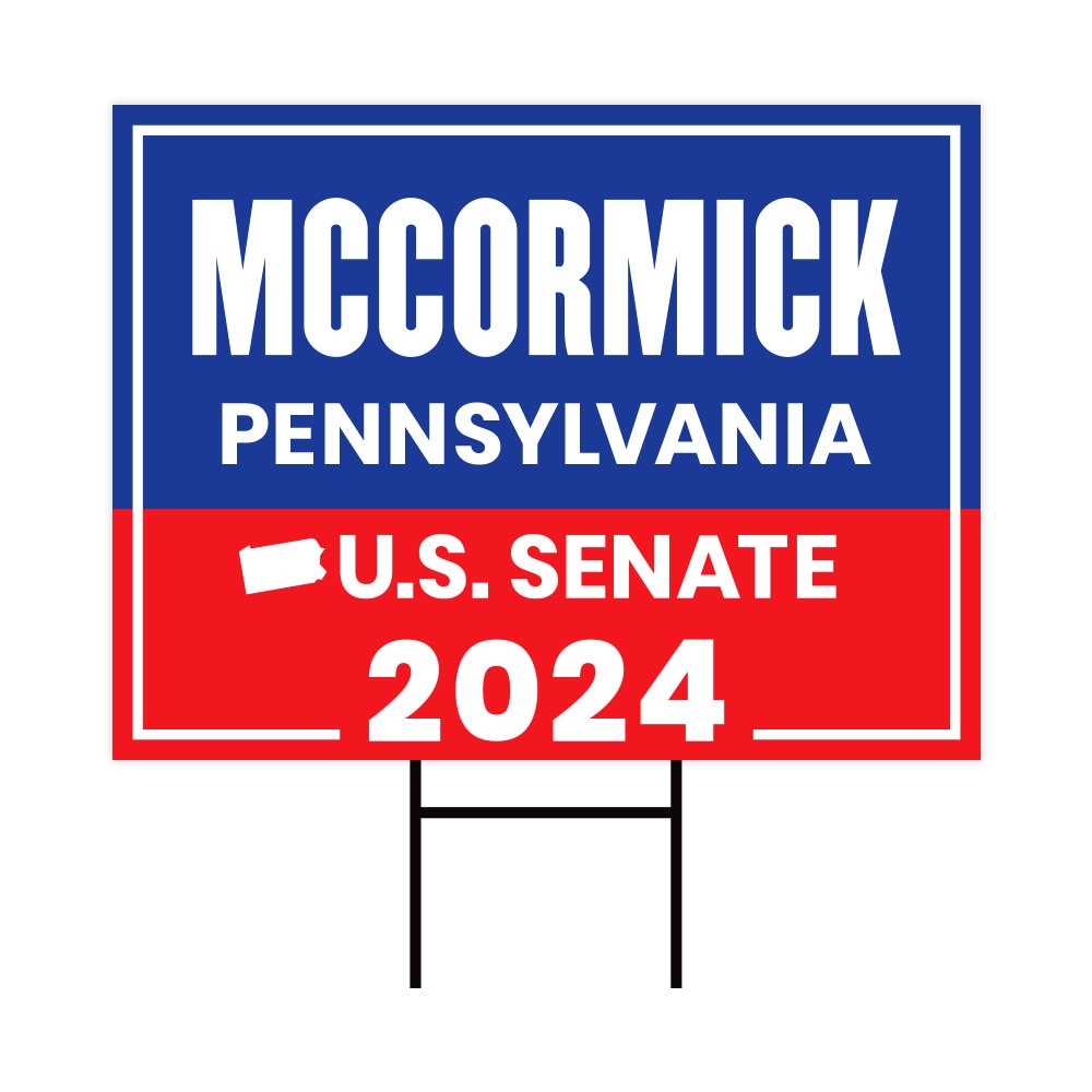 a red, white and blue political sign