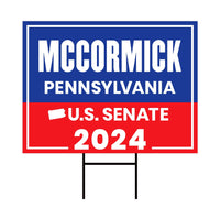 a red, white and blue political sign
