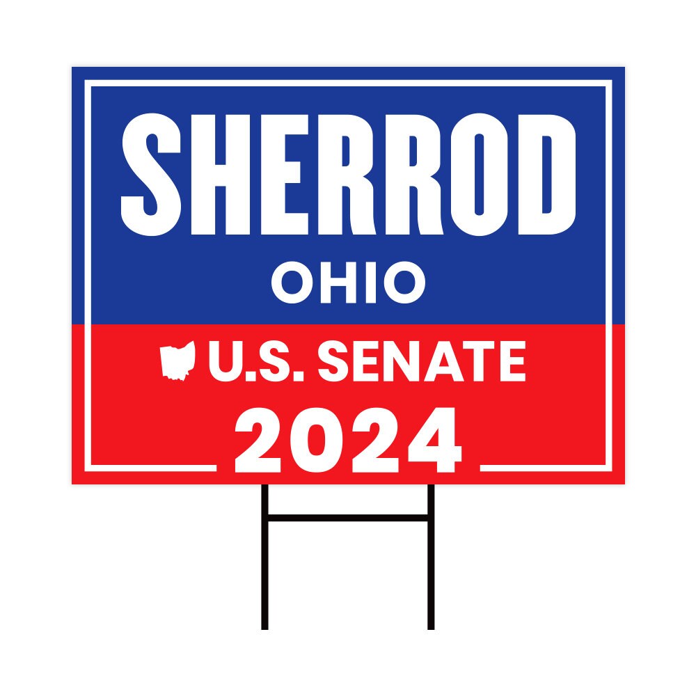 a red, white and blue sign that says sherrod ohio