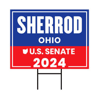 a red, white and blue sign that says sherrod ohio