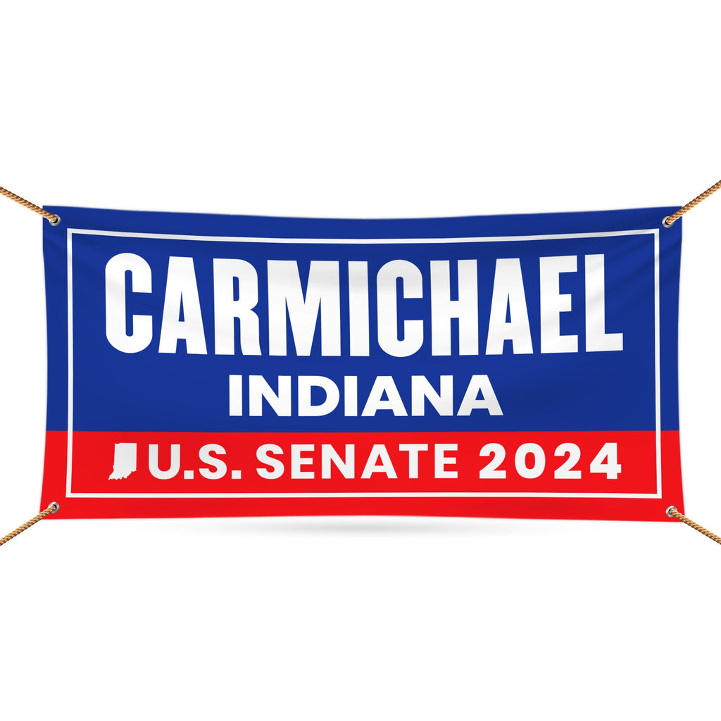 a blue and red banner with the name of a political candidate