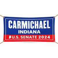 a blue and red banner with the name of a political candidate